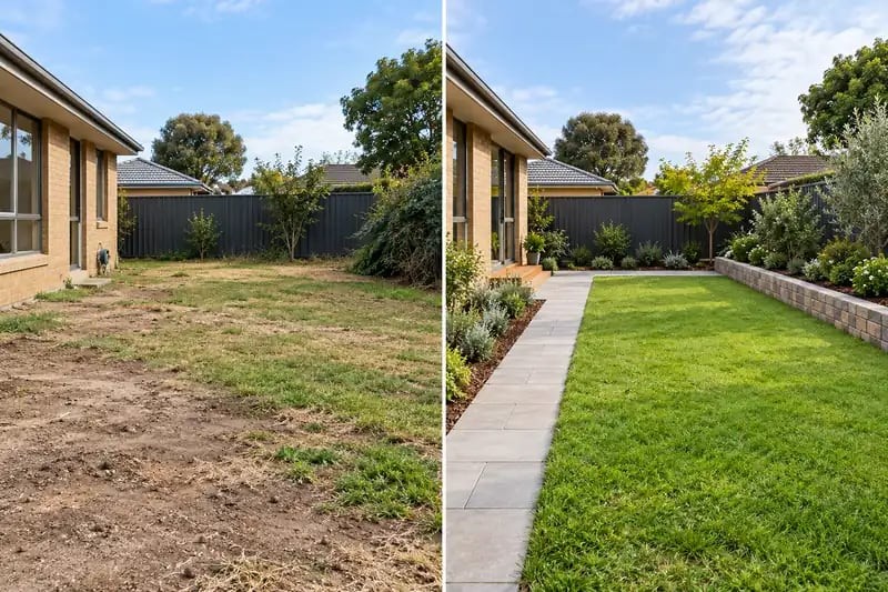 Before-and-after landscaping makeover with a paved path, raised garden bed and finished lawn