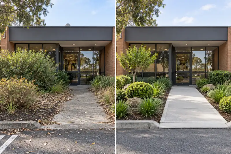 Commercial entrance before and after landscaping in Malvern