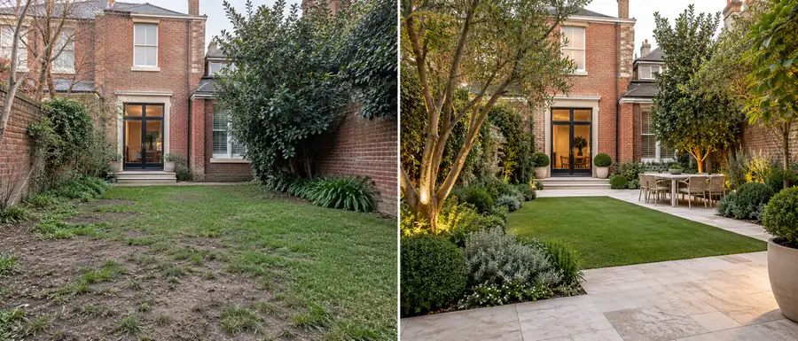 Side-by-side view of a courtyard before and after landscaping, with a lawn, garden beds and stone paving